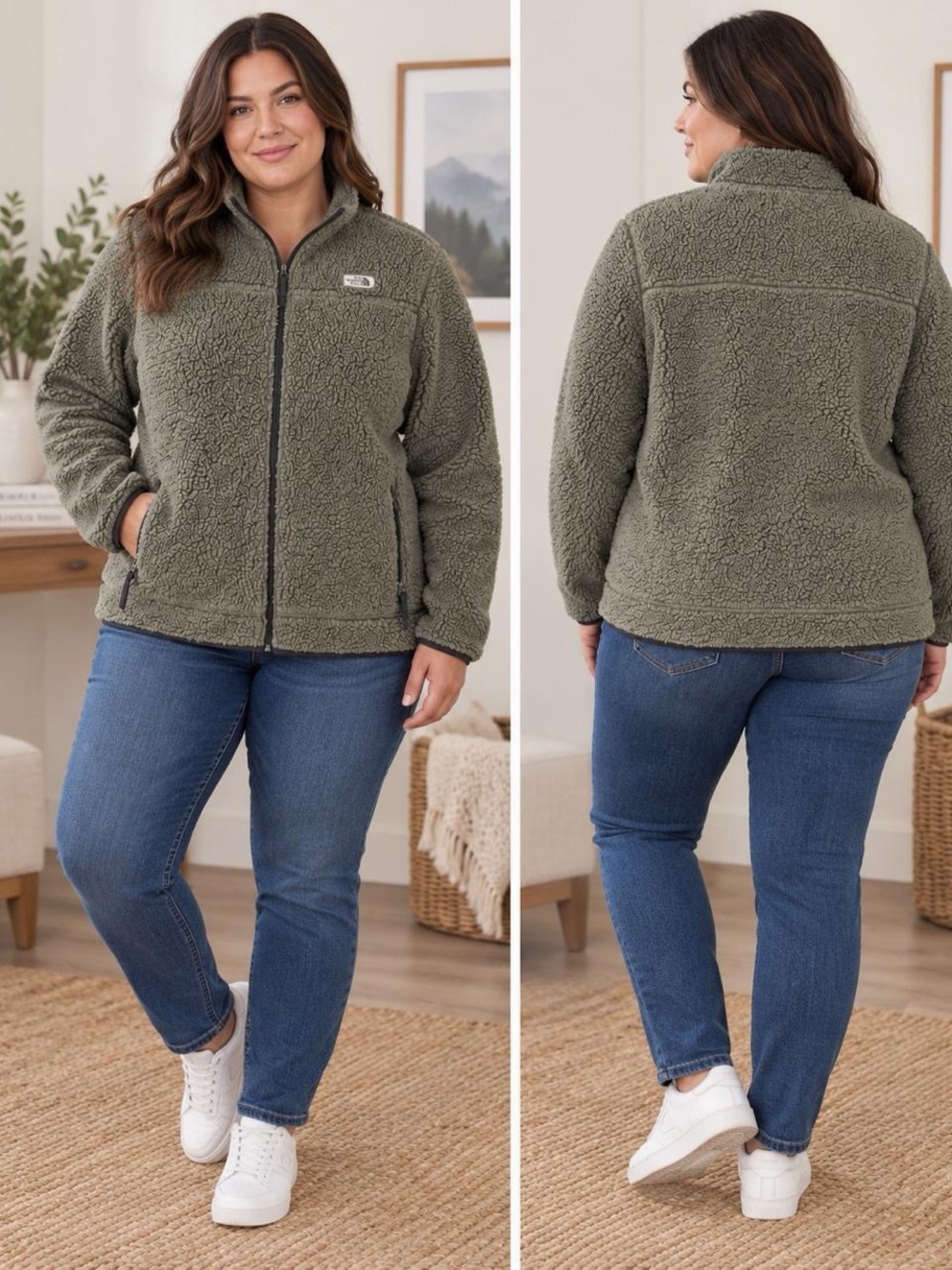 Ocean Coast Gray Olive Sherpa Fleece Jacket XL